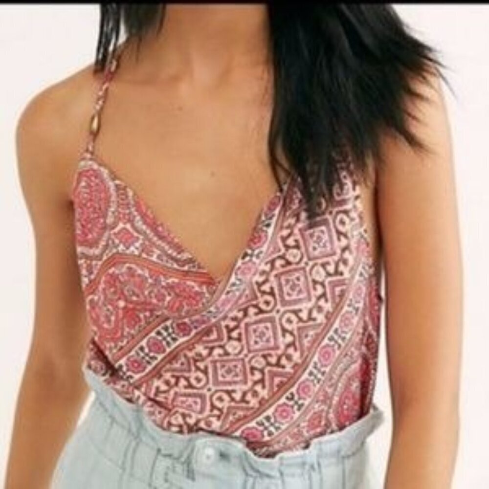 Free People Stevie Orange Medallion Paisley Cowl Neck Satin Cami